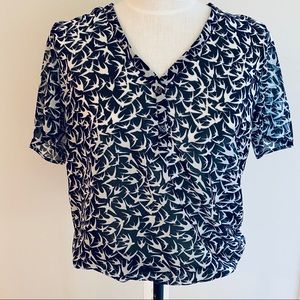 Banana Republic Sheer Bird Print Blouse Navy White Lightweight Summer Top